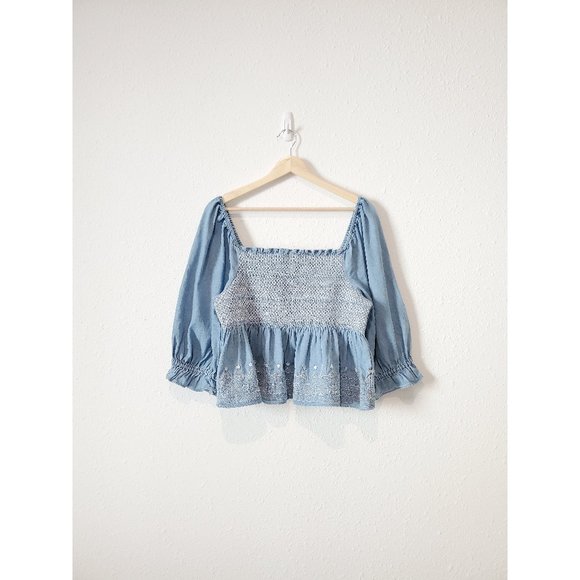 American Eagle Outfitters Tops - American Eagle Denim Embroidered Square Neck Smocked Top L